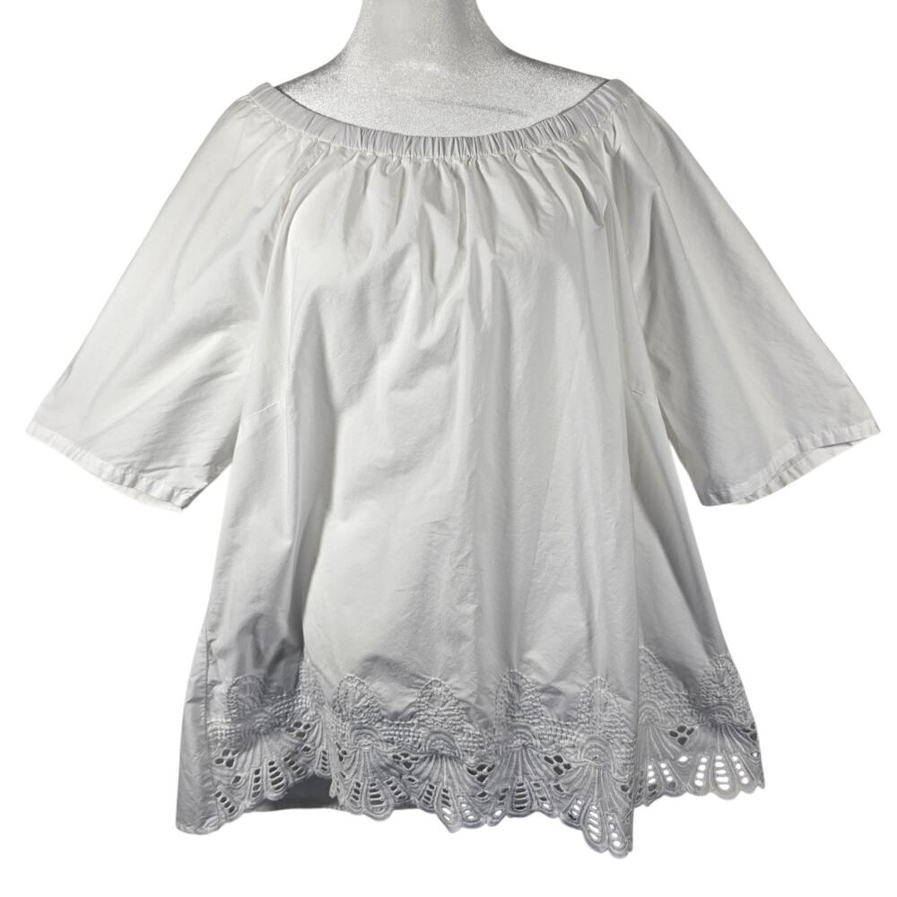 Talbots Womens 2X White Cotton Eyelet Embroidered Scallop Hem Blouse Top